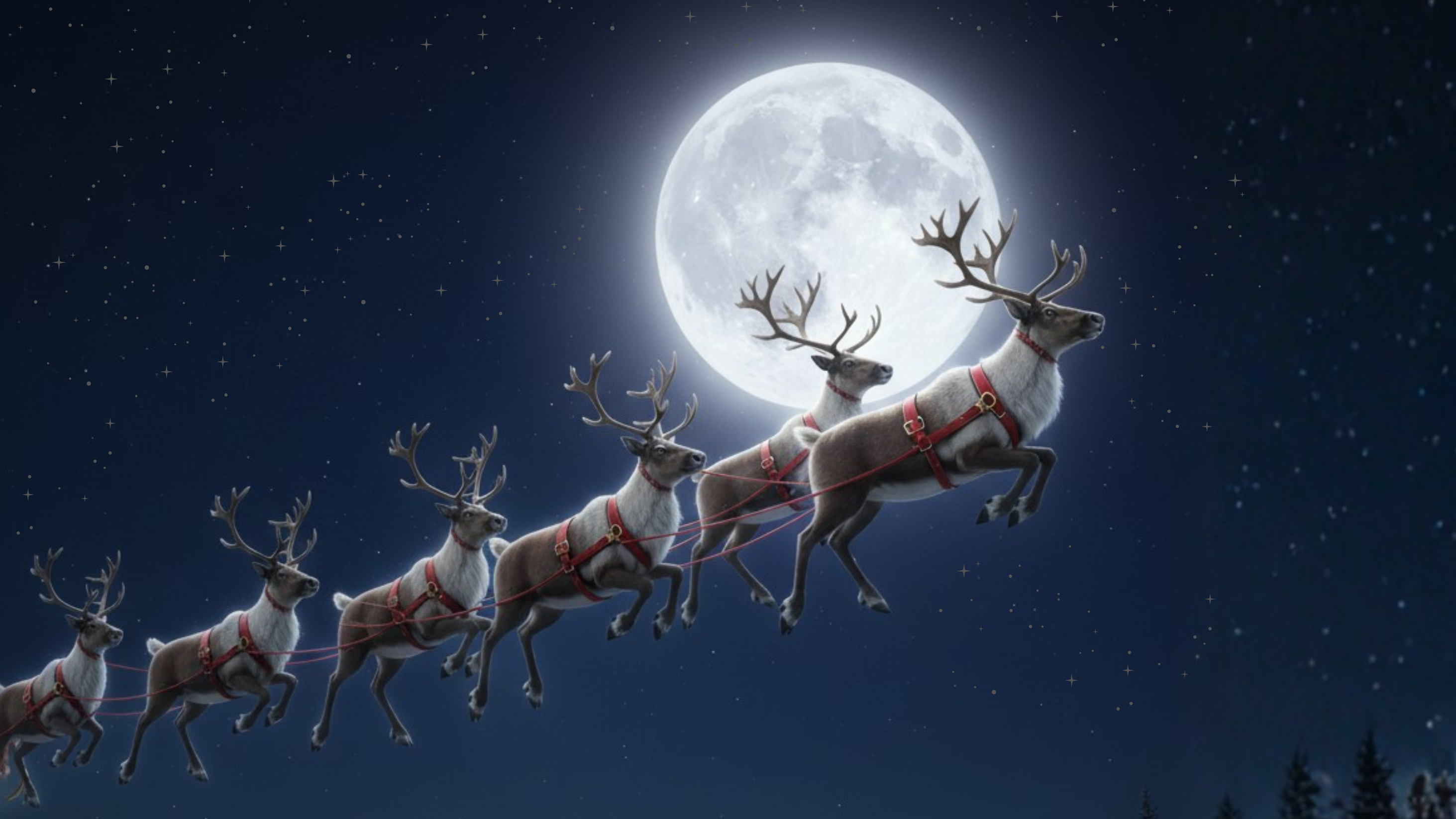 Santa Claus's sleigh being pulled by reindeer against a night sky with a full moon.